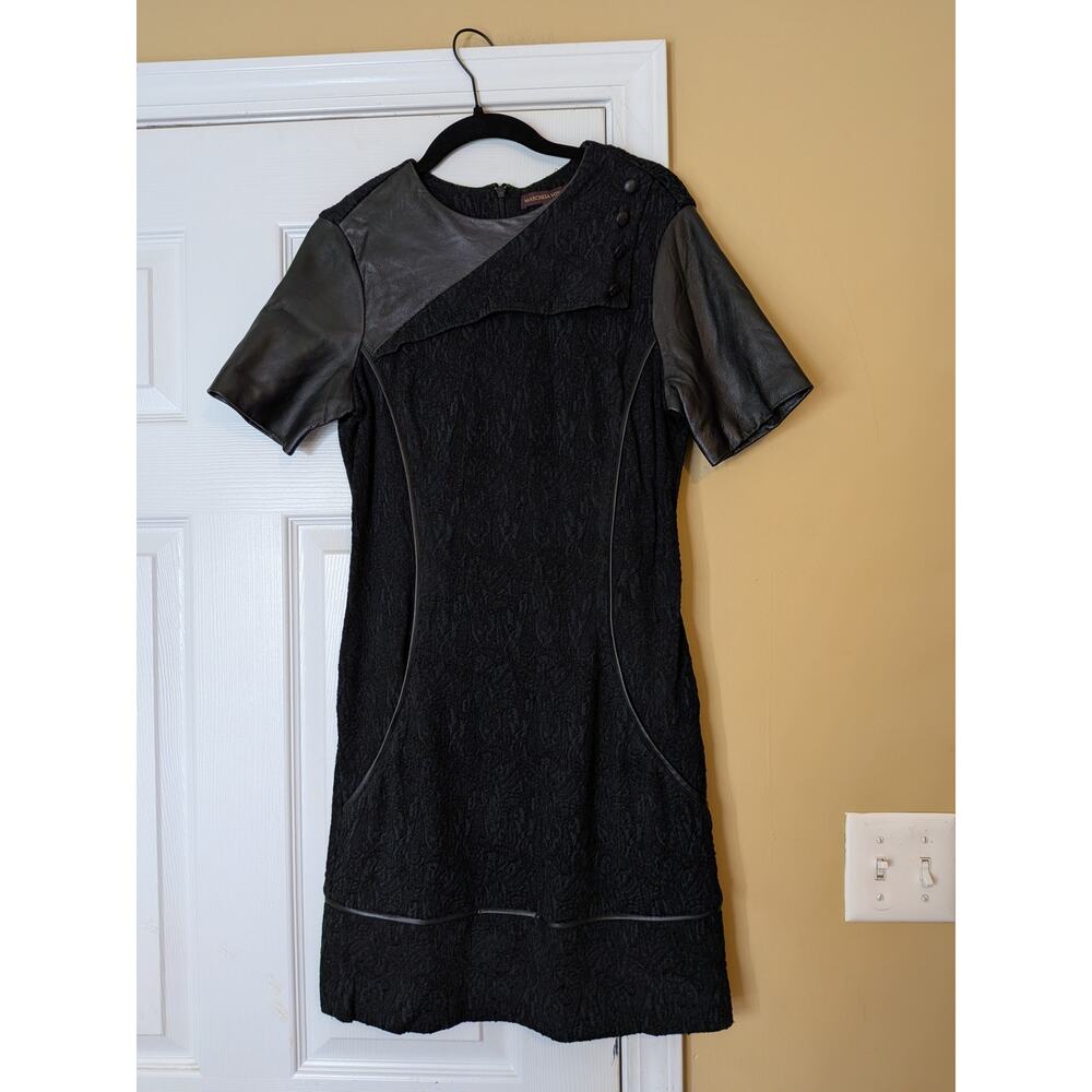 Marchesa Voyage Lace Leather Panel Mini Sheath Dress Size 4 Black Designer Chic